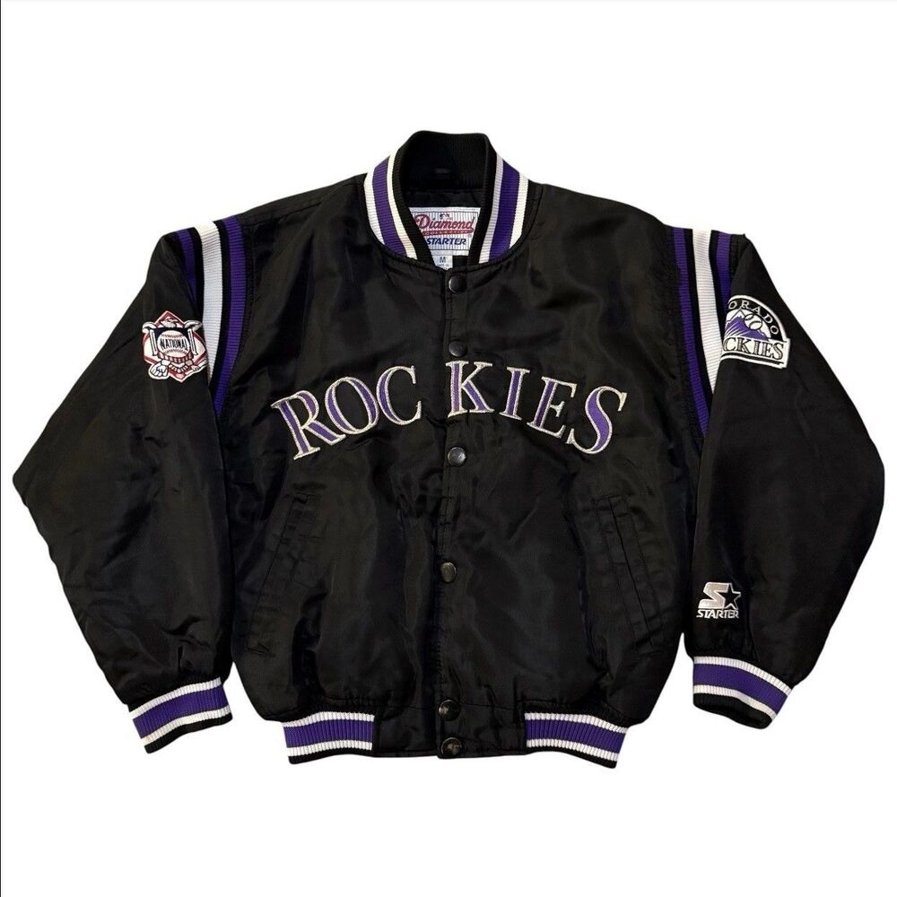 Vintage 90s Colorado Rockies Starter Satin Bomber Jacket Youth M Black Purple